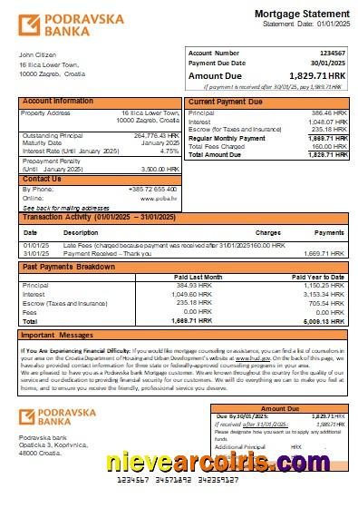 Croatia Podravska bank mortgage statement